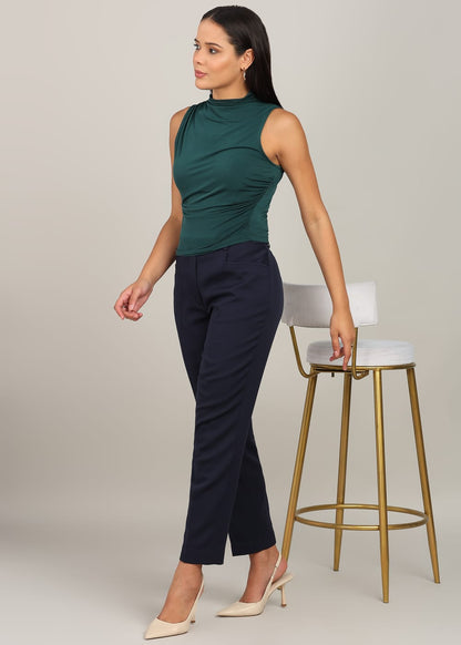 Women’s Navy Blue High-Waist Straight-Leg Formal Trousers