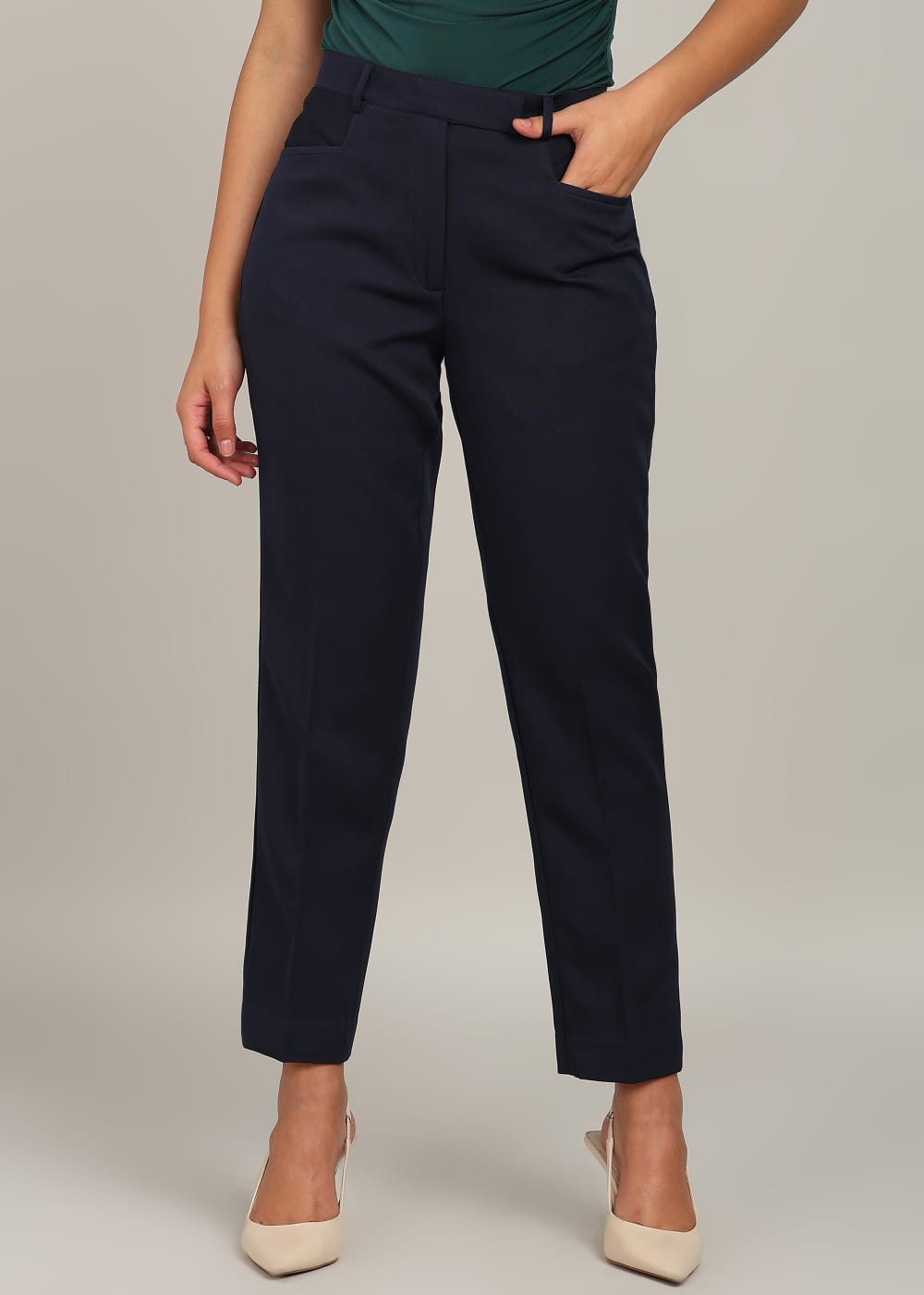 Women’s Navy Blue High-Waist Straight-Leg Formal Trousers